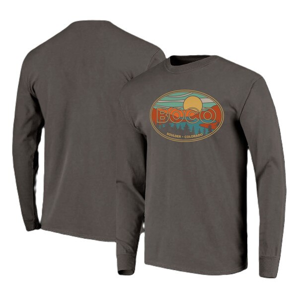 Long-sleeve shirt in a muted dark gray color with a large, circular graphic on the front. The graphic features the word "BOCO" in bold letters with a sun setting over mountains and trees.